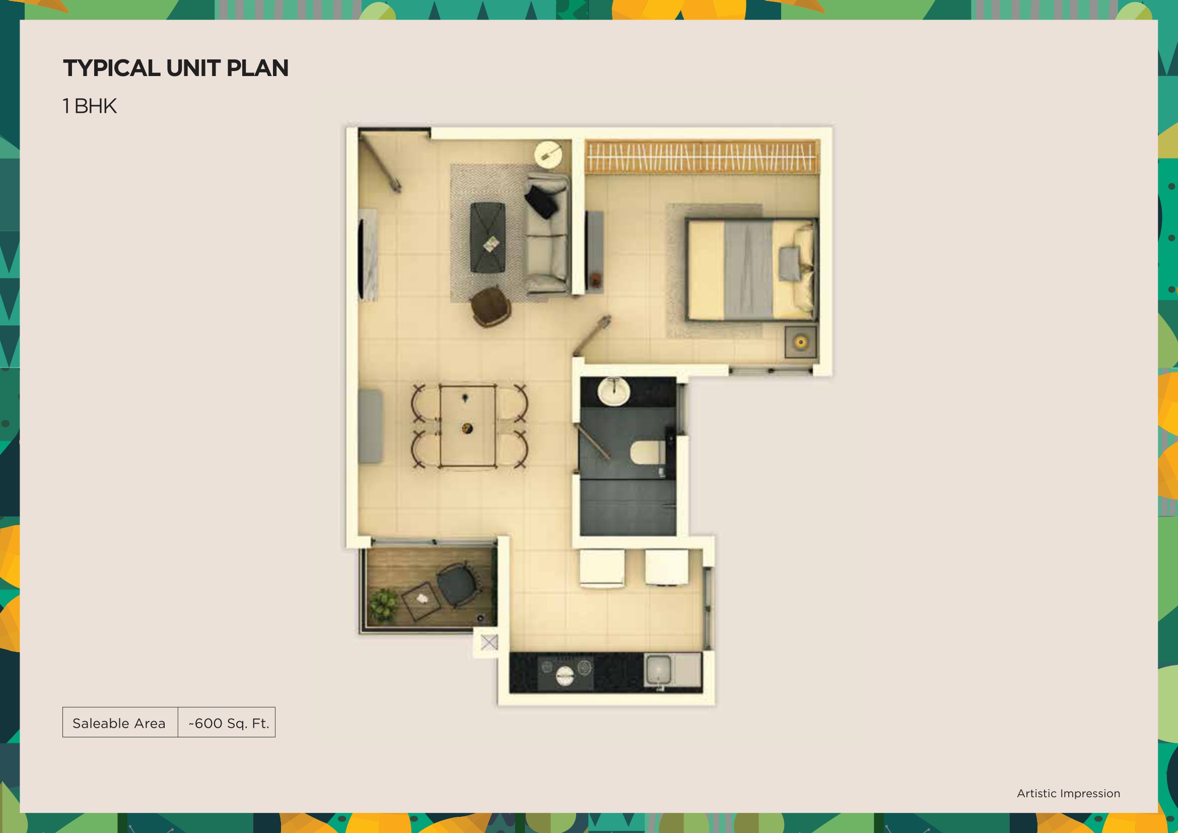1 BHK 600 Sq Ft Floor Plan of Provident Ecopolitan