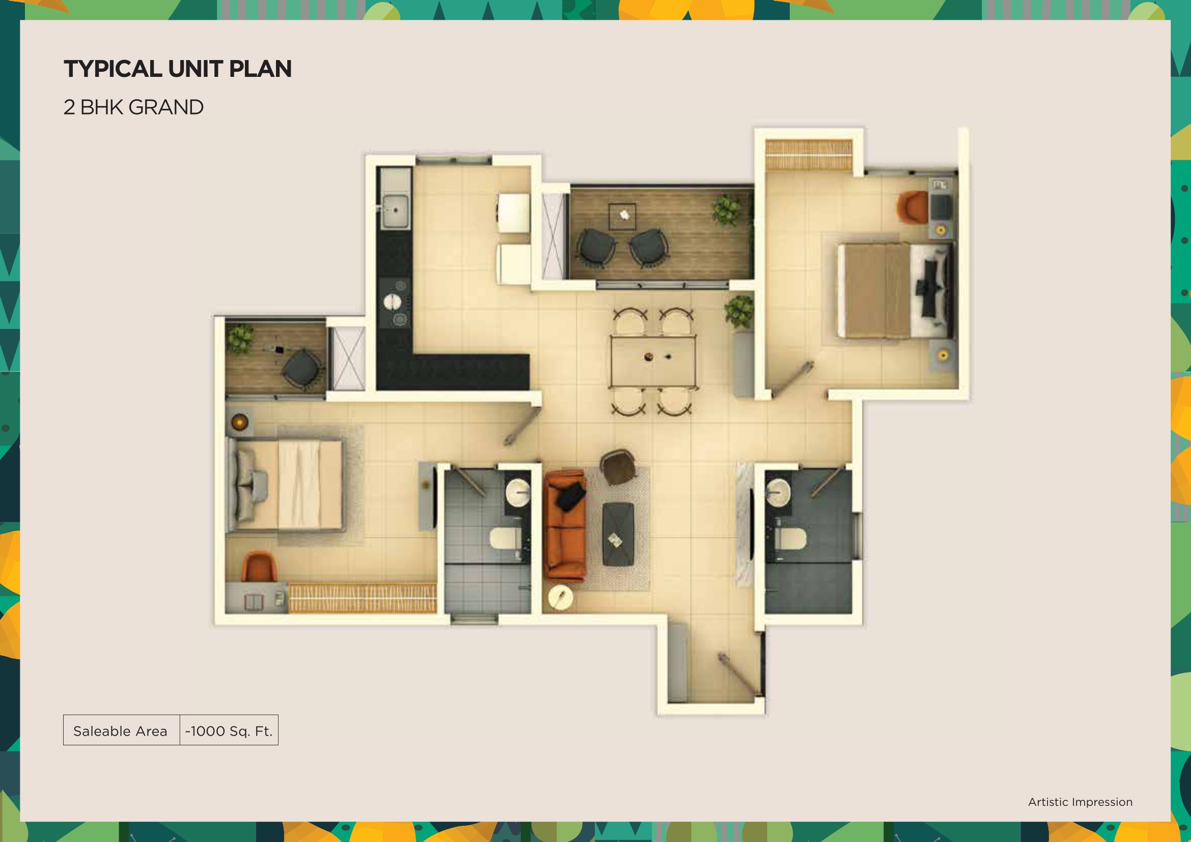 3 BHK 1000 Sq Ft Floor Plan of Provident Ecopolitan