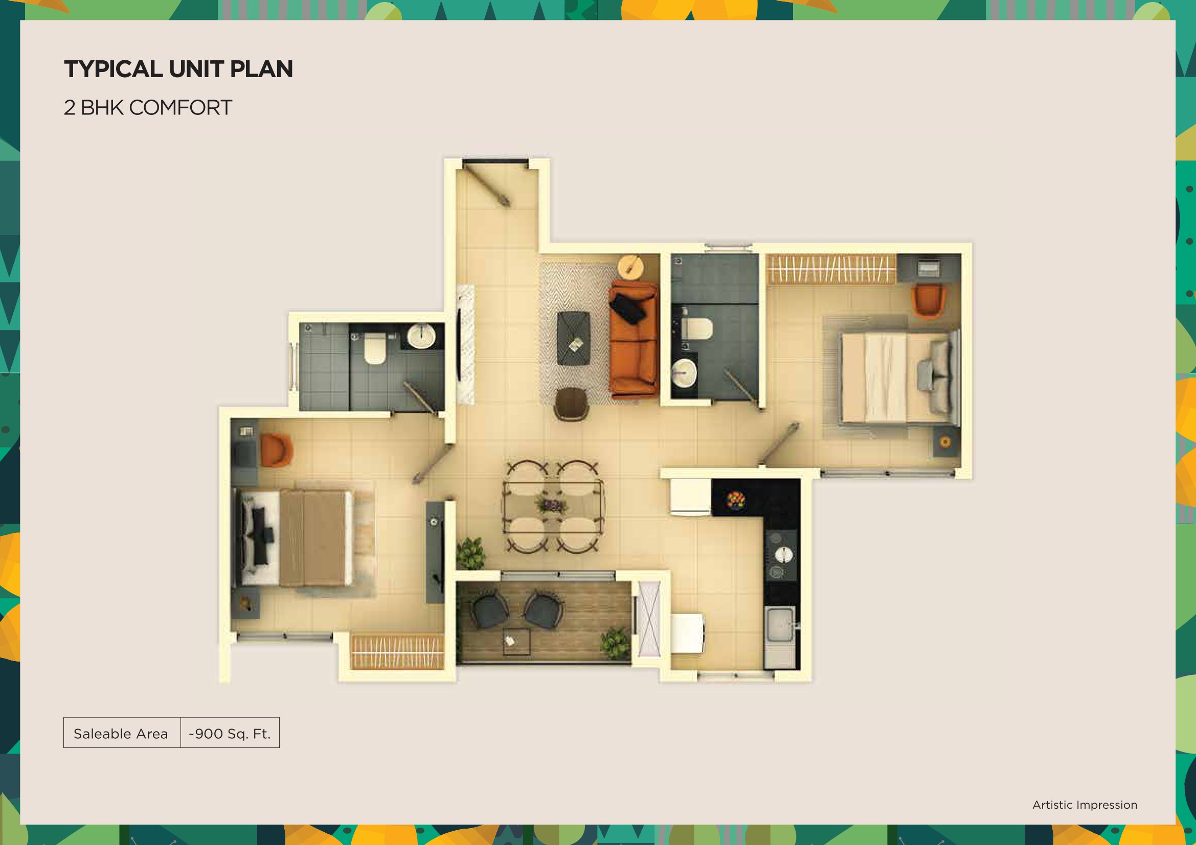 2 BHK 900 Sq Ft Floor Plan of Provident Ecopolitan