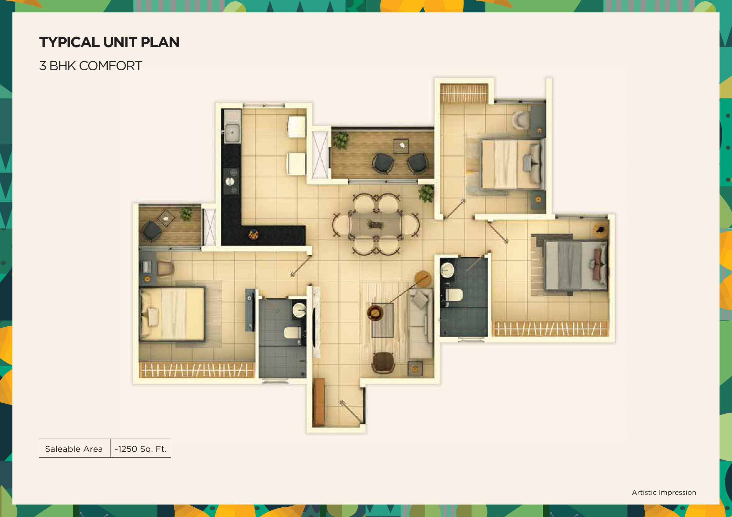 3 BHK 1250 Sq Ft Floor Plan of Provident Ecopolitan